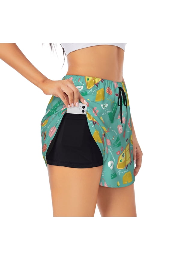 Happy Summer Printed 2 in 1 Women's Workout Shorts for Athletic Gym Running Shorts with Phone Pockets-XX-Large
