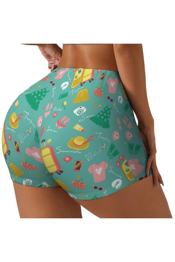 Happy Summer Printed Power Workout Shorts for Women Tummy Control Squat Proof Ribbed Thick Seamless Scrunch Active Short-Medium