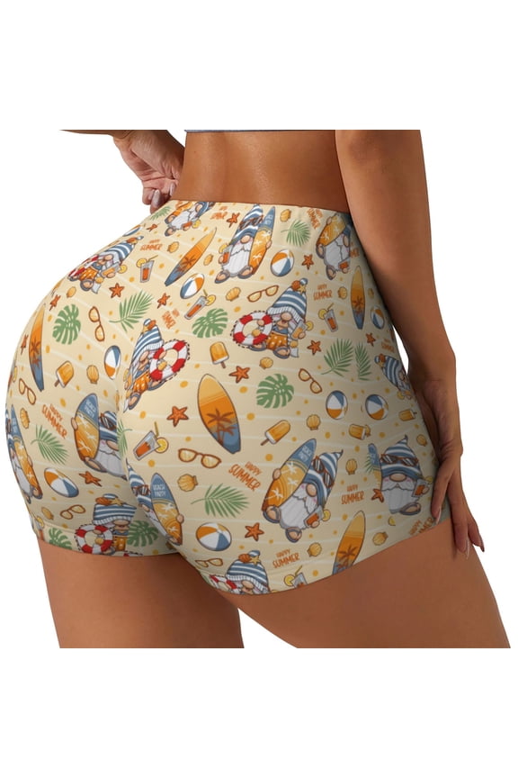 Happy Summer With Gnome Printed Power Workout Shorts for Women Tummy Control Squat Proof Ribbed Thick Seamless Scrunch Active Short-Large