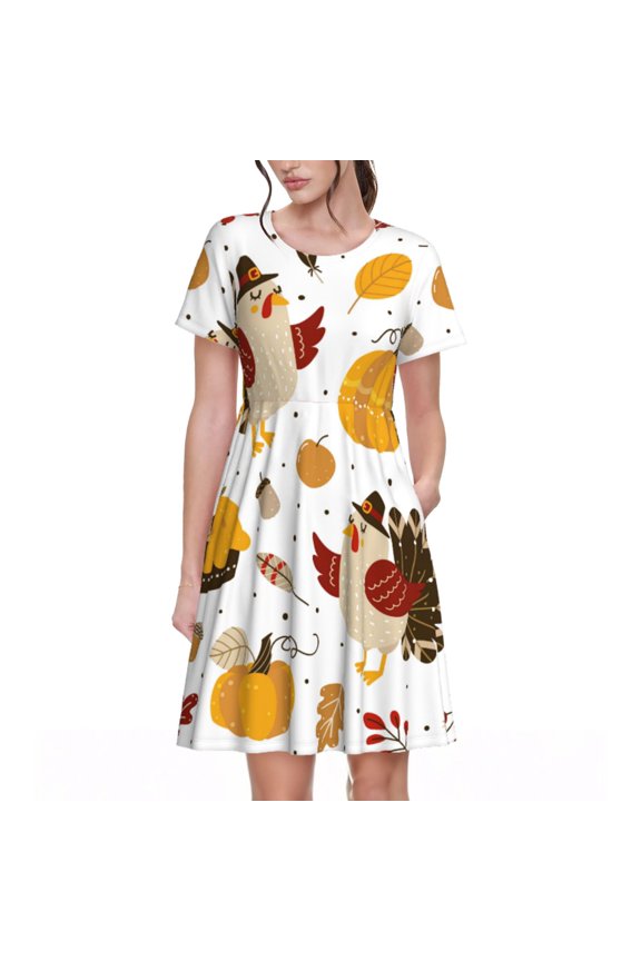 Happy Thanksgiving Pattern Women’s Short Sleeve Dress – Casual Elegant Summer A-Line Dress for Everyday Wear