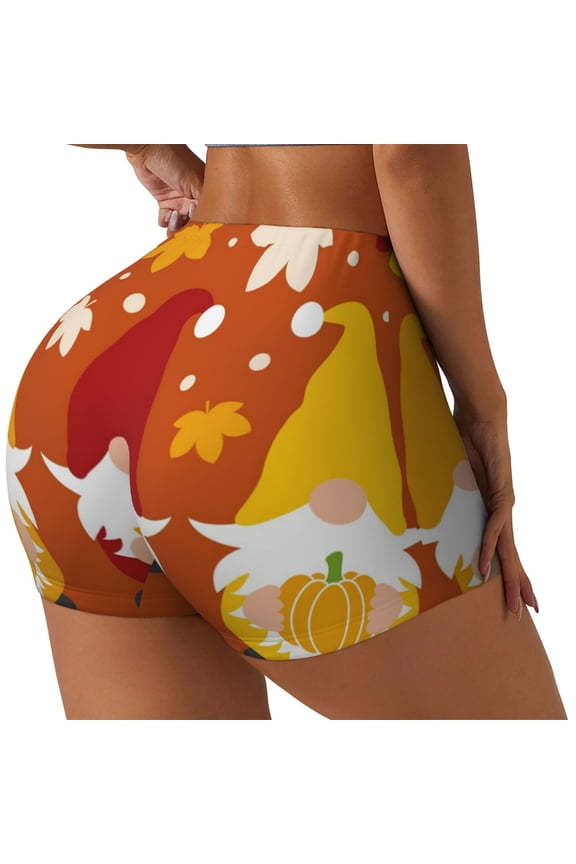 Happy Thanksgiving Three Gnomes Printed Power Workout Shorts for Women Tummy Control Squat Proof Ribbed Thick Seamless Scrunch Active Short-Large