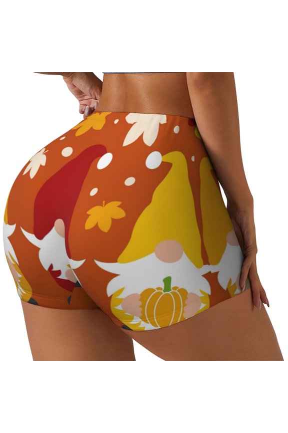 Happy Thanksgiving Three Gnomes Printed Power Workout Shorts for Women Tummy Control Squat Proof Ribbed Thick Seamless Scrunch Active Short-Medium