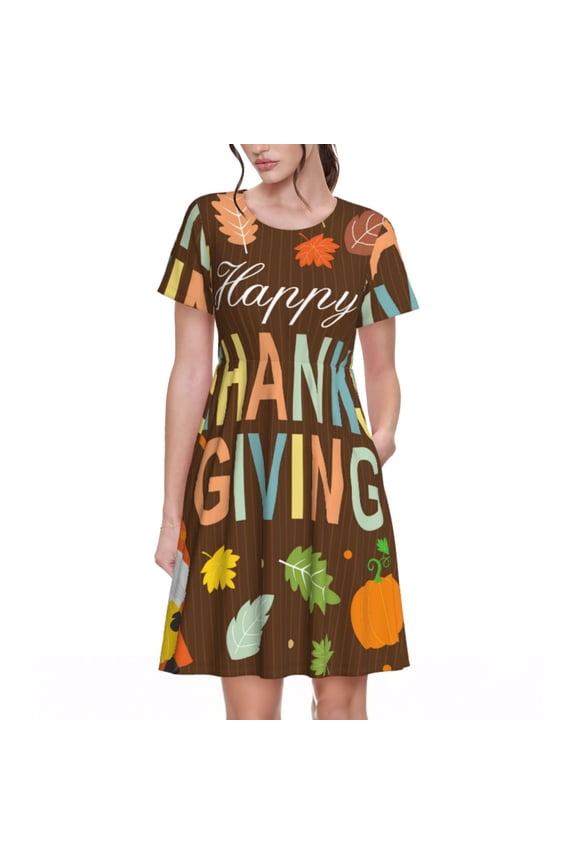 Happy Thanksgiving With Gnome Pattern Women’s Short Sleeve Dress – Casual Elegant Summer A-Line Dress for Everyday Wear
