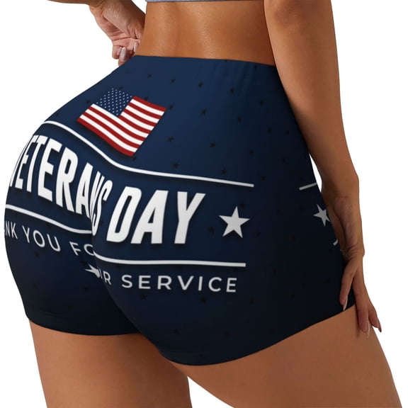 Rateoe Happy Veterans Day Printed Power Workout Shorts for Women Tummy Control Squat Proof Ribbed Thick Seamless Scrunch Active Short-Medium