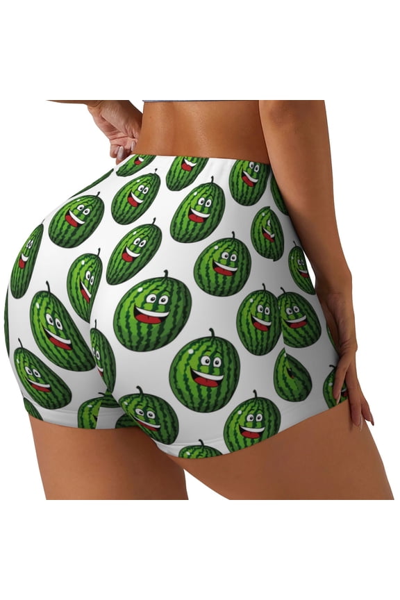 Happy Watermelon Printed Power Workout Shorts for Women Tummy Control Squat Proof Ribbed Thick Seamless Scrunch Active Short-Large