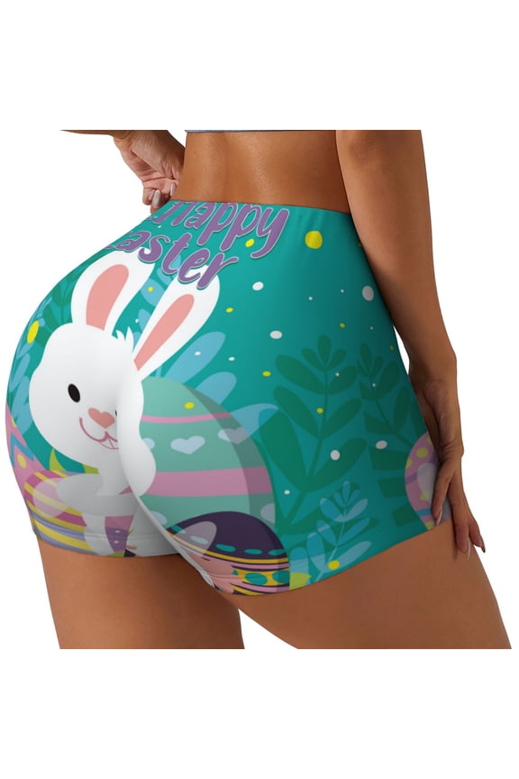 Happy easter Printed Power Workout Shorts for Women Tummy Control Squat Proof Ribbed Thick Seamless Scrunch Active Short-Medium