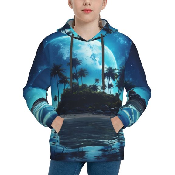Rateoe Hawaiian Beach Pirate Moon Pattern Boys Hoodie, Youth Pullover Hooded Sweatshirt, Kangaroo Pocket Hoodie for Kids-Large