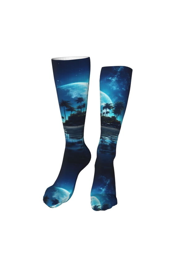 Hawaiian Beach Pirate Moon print Women's Men's Novelty 20in Crew Socks Cotton Socks Knee High Socks for Walking,Running,Nurses,Pregnancy-One Size