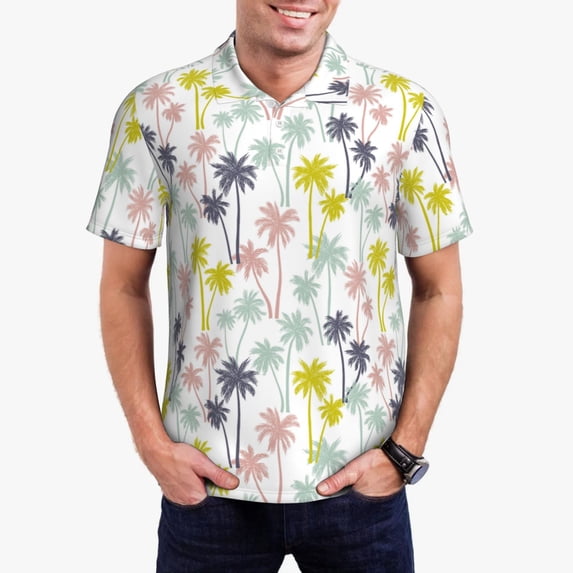 Rateoe Hawaiian Coconut Tree Pattern Men's Short Sleeve Polo Shirts, Golf Polo Shirts Short Sleeve Performance Moisture Wicking Dry-3X-Large