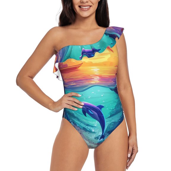 Rateoe Hawaiian Island Dolphin Pattern Women One Piece Swimsuits Tummy Control One Shoulder Bathing Suits Ruffle Swimwear-Medium
