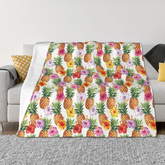Rateoe Hawaiian Pineapples And Hibiscus Flowers Pattern Flannel Throw Blanket, Ultra-soft Blanket for Bed, Couch, Car, Hypoallergenic Anti-pilling blanket-50"x40"(Horizontal)