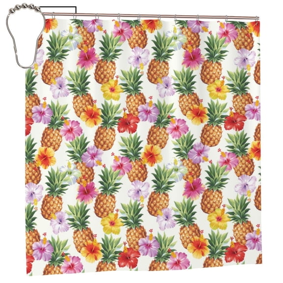 Rateoe Hawaiian Pineapples And Hibiscus Flowers Shower Curtain - Fancy Bathroom Shower Curtain Sets - Waterproof Shower Curtain with Hooks with 12 Plastic Hooks 72x72 Inches