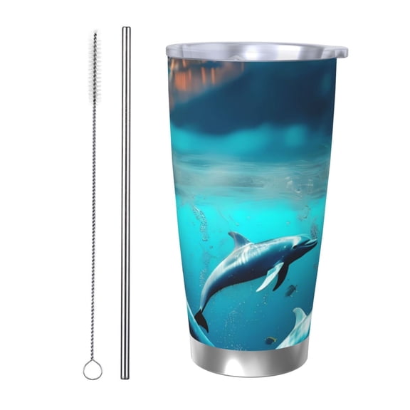 Rateoe Hawaiian Ship Dolphin Printed Car Guy Gifts for Men Women Tumbler - 20oz/590ml Vacuum Insulated Stainless Steel Travel Tumbler Cups with Lid & Straw-Straw Two-piece Set
