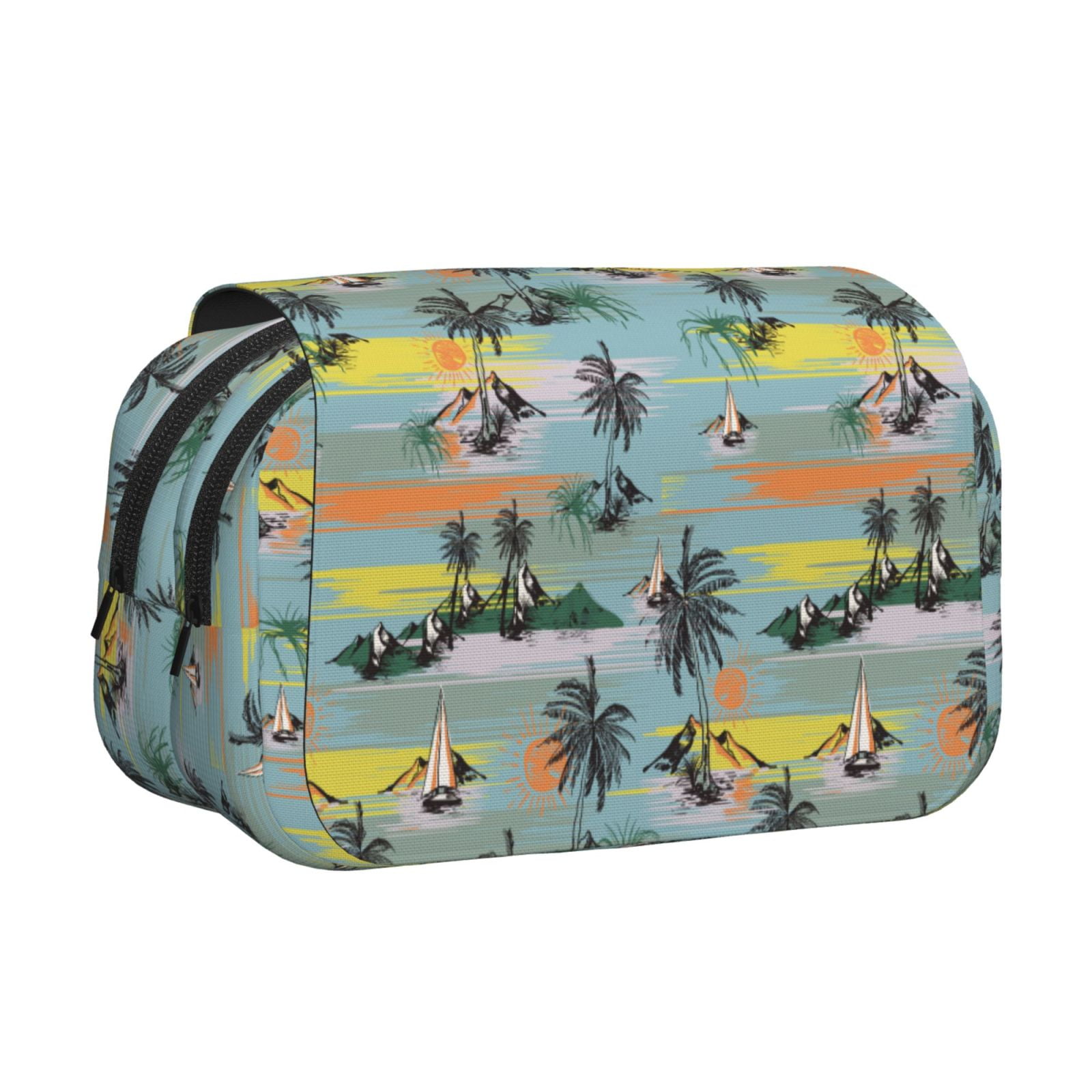 Rateoe Hawaiian Style Pattern Double Clamshell Pen Case, Storage Organizer with Two Zipper Compartments– Holds Up to 50 Pencils & Pens