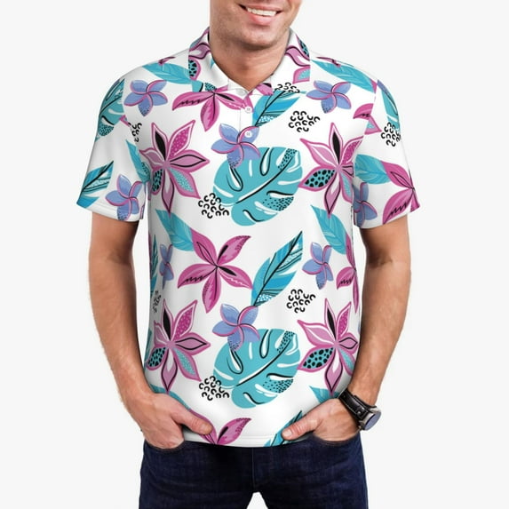 Rateoe Hawaiian Style Pattern Men's Short Sleeve Polo Shirts, Golf Polo Shirts Short Sleeve Performance Moisture Wicking Dry-XX-Large
