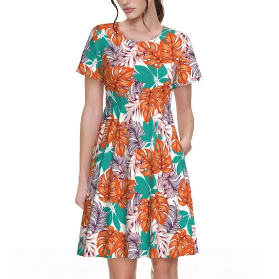 Rateoe Hawaiian Style Pattern Women’s Short Sleeve Dress – Casual Elegant Summer A-Line Dress for Everyday Wear