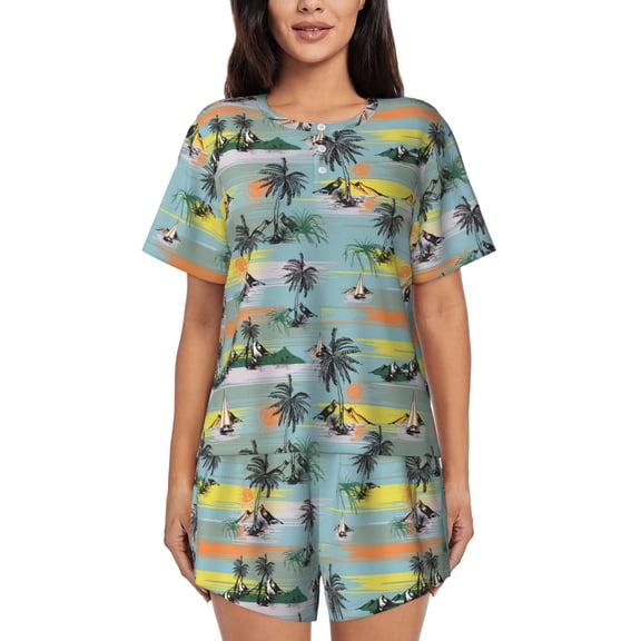 Rateoe Hawaiian Style Pattern Women's Short-Sleeved Pajama Set - 2 Piece Soft and Lightweight Sleepwear Set-Large