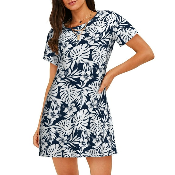 Rateoe Hawaiian Style Print Women’s Nightdress – Cozy Cotton Short-sleeved Sleep Shirt, Loose-Fit Sleepwear, Perfect for Relaxing and Sleeping