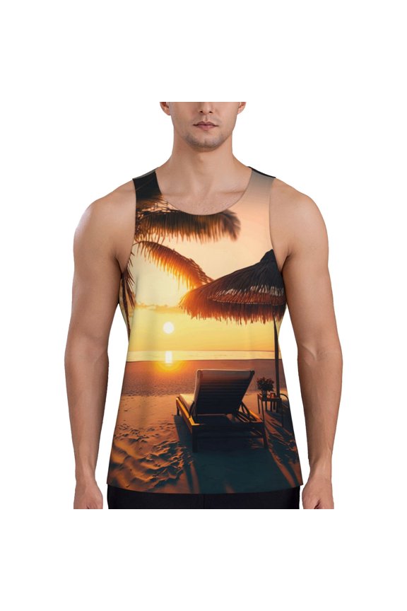 Hawaiian Sunset Beach Pattern Sleeveless Gym Shirt Muscle Tee Breathable Workout Shirt Slim-Fit Tank Quick Dry Fit Muscle Tank Top Bodybuilding Sleeveless T Shirt-