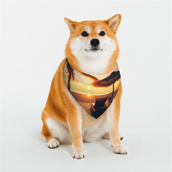 Rateoe Hawaiian Sunset Beach Print Pet Scarf for Dogs and Cats – Stylish Reflective Design, Breathable & Durable Pet Bandana with Quick-Release Buckle-Medium