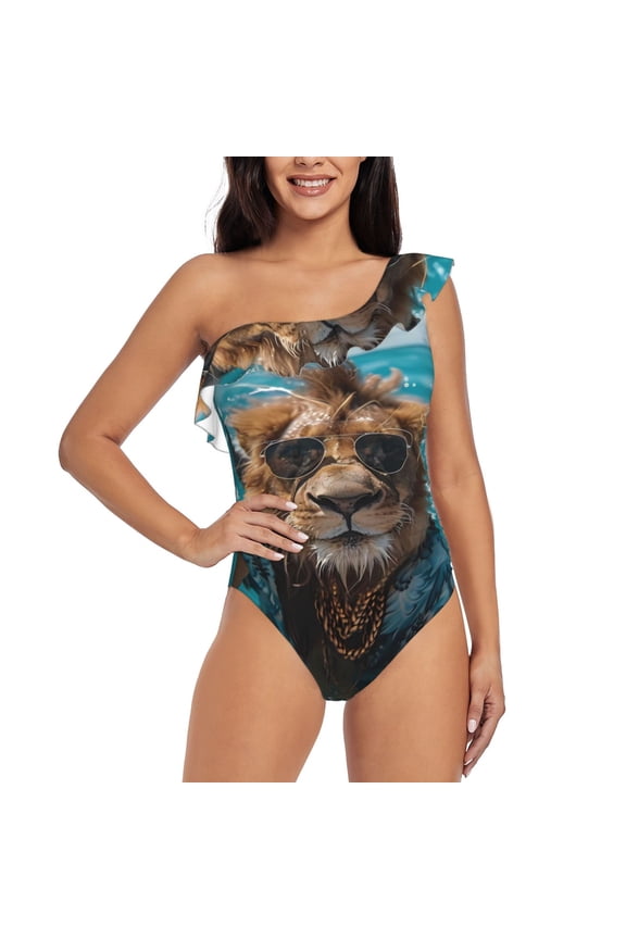 Hawaiian Swimming Lion Pattern Women One Piece Swimsuits Tummy Control One Shoulder Bathing Suits Ruffle Swimwear-Large