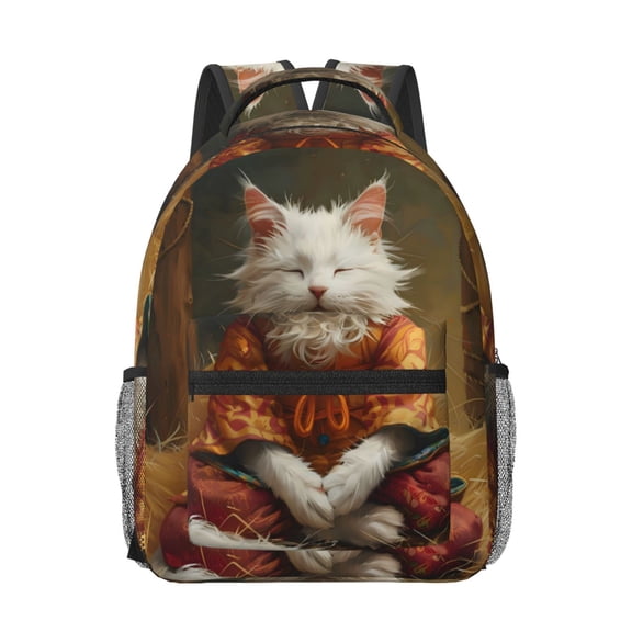 Rateoe Haystack Meditating Cat Pattern Durable Student Backpack Laptop Bag- Ergonomic Design, Waterproof Twill Fabric - Ideal for School, Travel, and Outdoor Activities