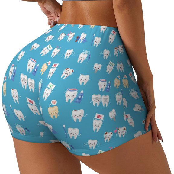 Rateoe Healthy And Ill White Teeth Printed Power Workout Shorts for Women Tummy Control Squat Proof Ribbed Thick Seamless Scrunch Active Short-Medium