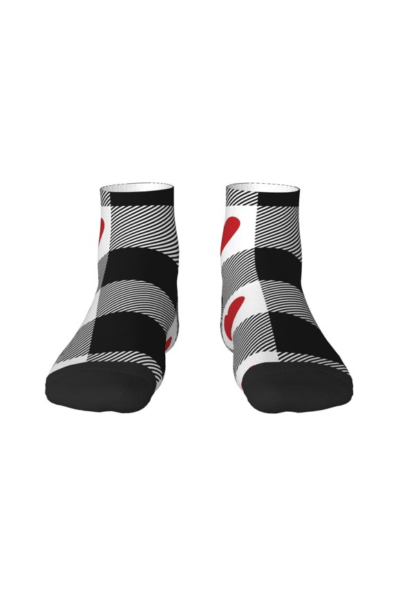 Heart Black Buffalo Plaid Gingham Pattern Quarter Crew Socks,Toe Seamed Ankle Socks,Cotton Cushioned Breathable Athletic Crew Sports Socks