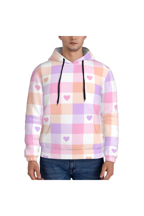 Heart Buffalo Plaid Pattern Mens Hoodie, Pullover Hooded Sweatshirt, Kangaroo Pocket Hoodie Ideal for Daily Wear, Travel and Home-Large