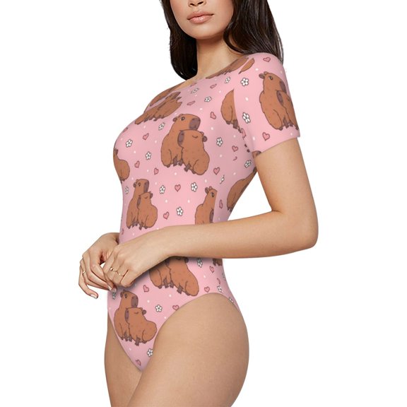 Rateoe Heart Capybara Printed Women Rash Guard Short Sleeve,Tummy control Swimsuit Surfing Swimsuit Bathing Suit Short-sleeved Onesie UPF 50+