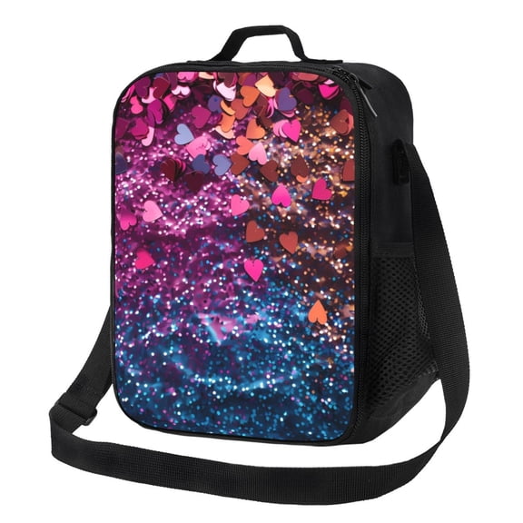 Rateoe Heart Confetti on Glitter Lunch Bag Reusable Lunch Box with Shoulder Straps for Men Women Insulated Portable Lunchbox for adults Suitable for School Work Picnic