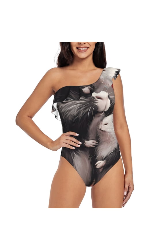 Heart Guinea Pig Couple Pattern Women One Piece Swimsuits Tummy Control One Shoulder Bathing Suits Ruffle Swimwear-X-Large