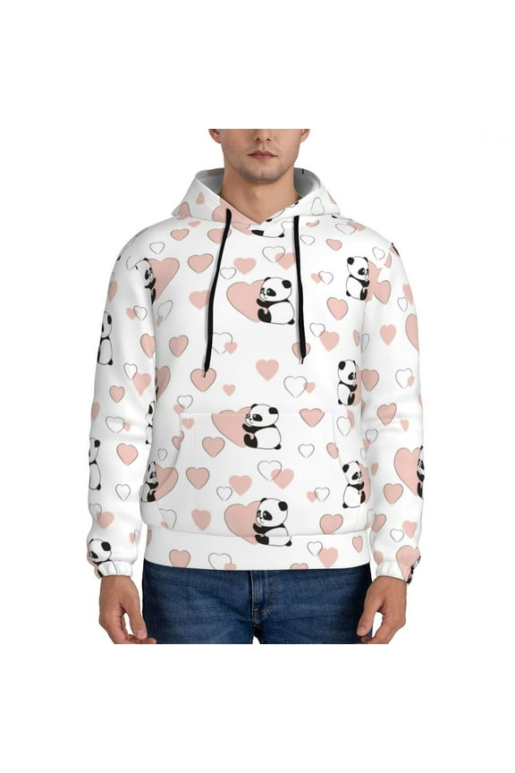 Heart Panda Pattern Mens Hoodie, Pullover Hooded Sweatshirt, Kangaroo Pocket Hoodie Ideal for Daily Wear, Travel and Home-Large