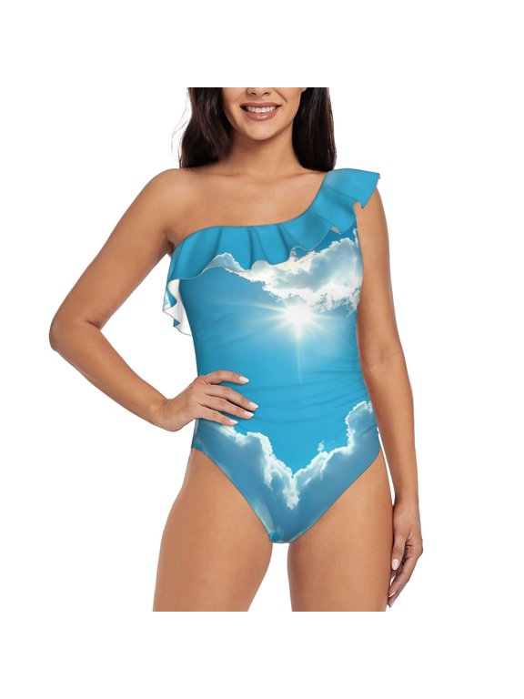 Heart Shaped Cloud Pattern Women One Piece Swimsuits Tummy Control One Shoulder Bathing Suits Ruffle Swimwear-Large