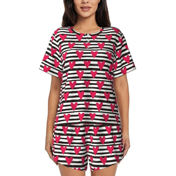 Rateoe Hearts And Lines Pattern Women's Short-Sleeved Pajama Set - 2 Piece Soft and Lightweight Sleepwear Set-4X-Large