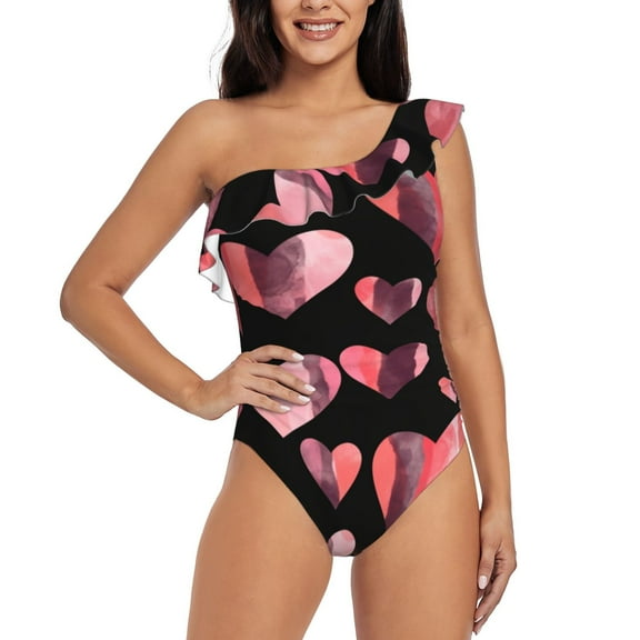 Rateoe Hearts Pattern Women One Piece Swimsuits Tummy Control One Shoulder Bathing Suits Ruffle Swimwear-X-Large