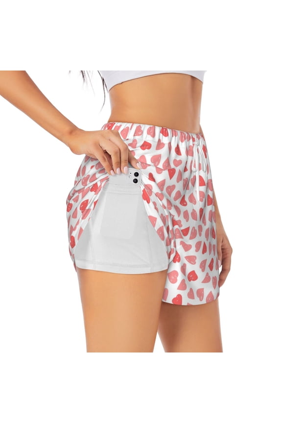 Hearts Printed 2 in 1 Women's Workout Shorts for Athletic Gym Running Shorts with Phone Pockets-Small