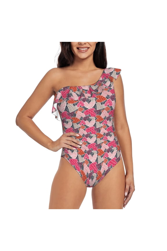 Hearts for Valentines day Pattern Women One Piece Swimsuits Tummy Control One Shoulder Bathing Suits Ruffle Swimwear-Small