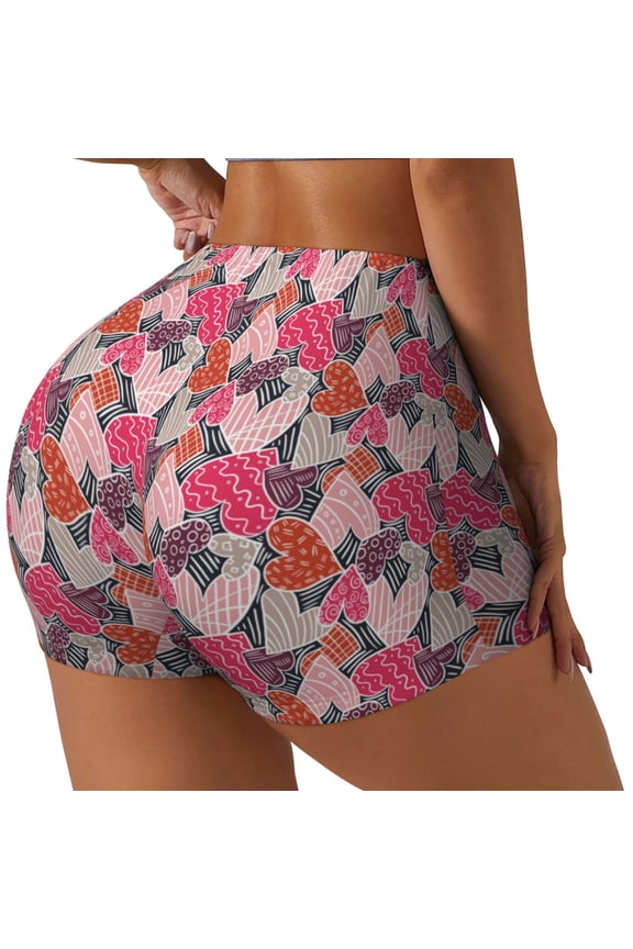 Hearts for Valentines day Printed Power Workout Shorts for Women Tummy Control Squat Proof Ribbed Thick Seamless Scrunch Active Short-Large