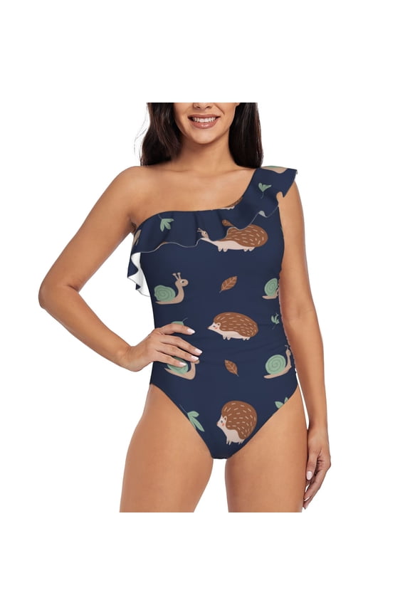 Hedgehog And Snail Pattern Women One Piece Swimsuits Tummy Control One Shoulder Bathing Suits Ruffle Swimwear-X-Large