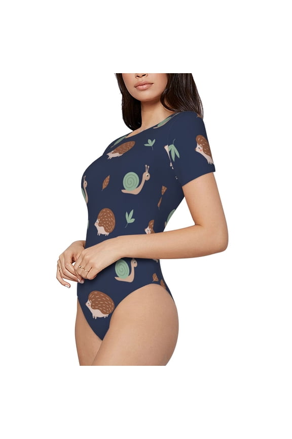 Hedgehog And Snail Printed Women Rash Guard Short Sleeve,Tummy control Swimsuit Surfing Swimsuit Bathing Suit Short-sleeved Onesie UPF 50+