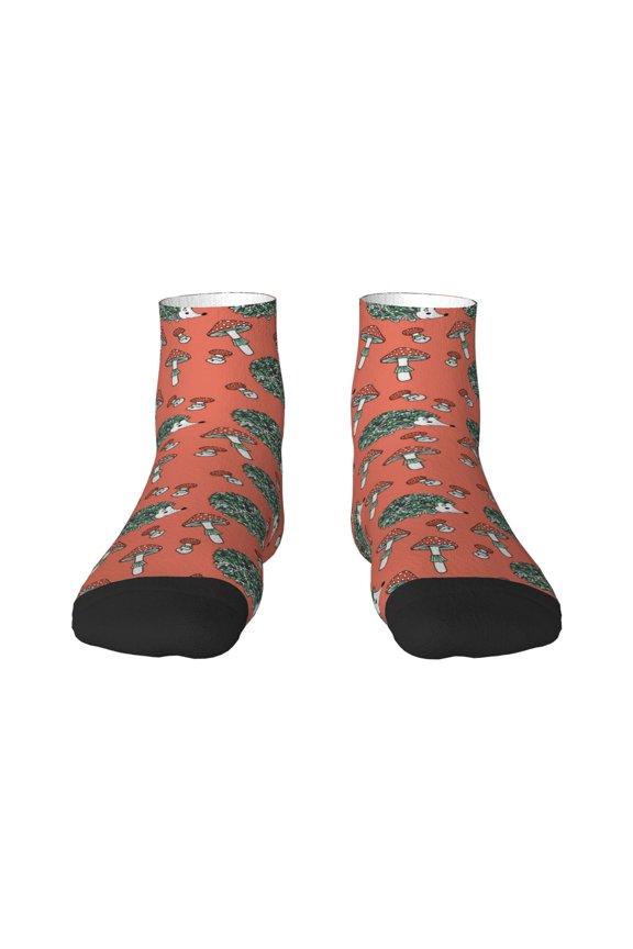 Hedgehog Mushroom Pattern Quarter Crew Socks,Toe Seamed Ankle Socks,Cotton Cushioned Breathable Athletic Crew Sports Socks