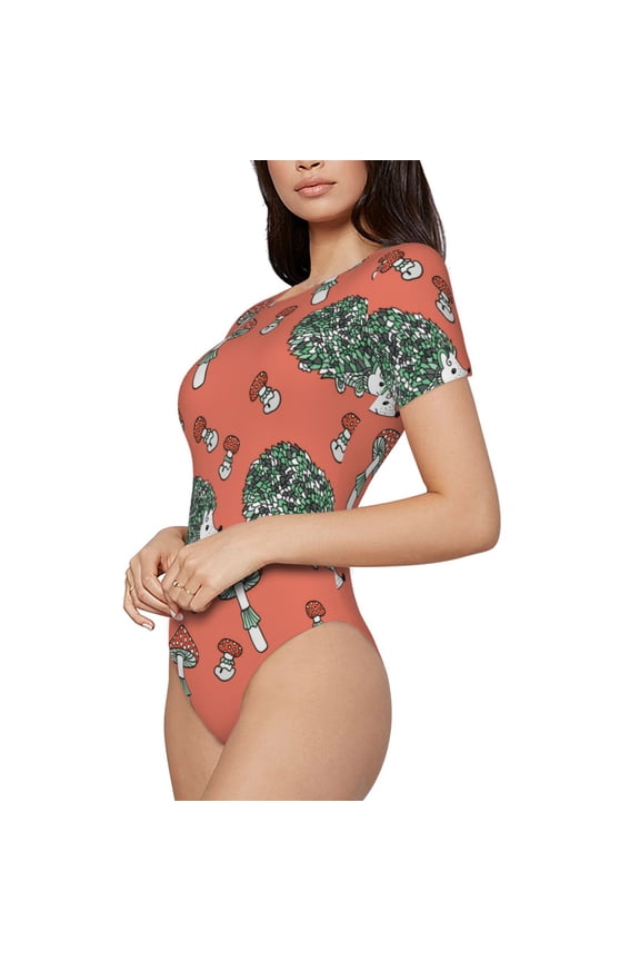Hedgehog Mushroom Printed Women Rash Guard Short Sleeve,Tummy control Swimsuit Surfing Swimsuit Bathing Suit Short-sleeved Onesie UPF 50+