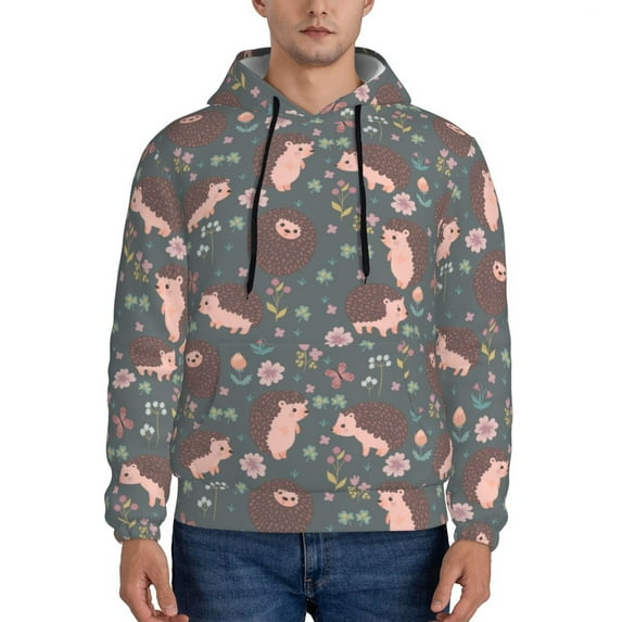 Rateoe Hedgehogs and Flowers1 Pattern Mens Hoodie, Pullover Hooded Sweatshirt, Kangaroo Pocket Hoodie Ideal for Daily Wear, Travel and Home-Large