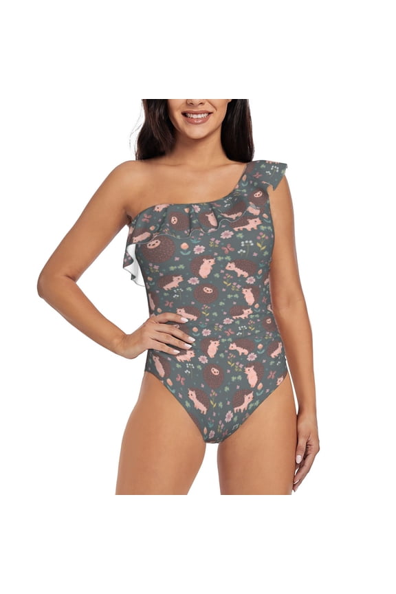 Hedgehogs and Flowers1 Pattern Women One Piece Swimsuits Tummy Control One Shoulder Bathing Suits Ruffle Swimwear-Medium
