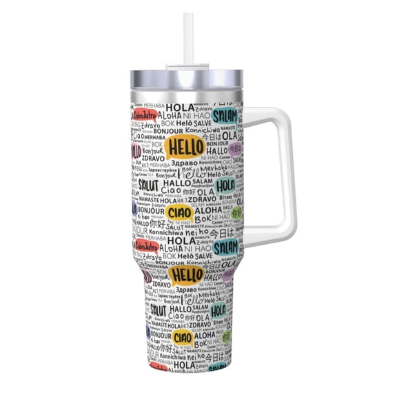 Rateoe Hello Printed 40OZ Ice Bully With Handle - Stainless Steel Travel Cup Portable for Hot & Cold Drinks, Travel, Gym, Home, and Outdoor Activities