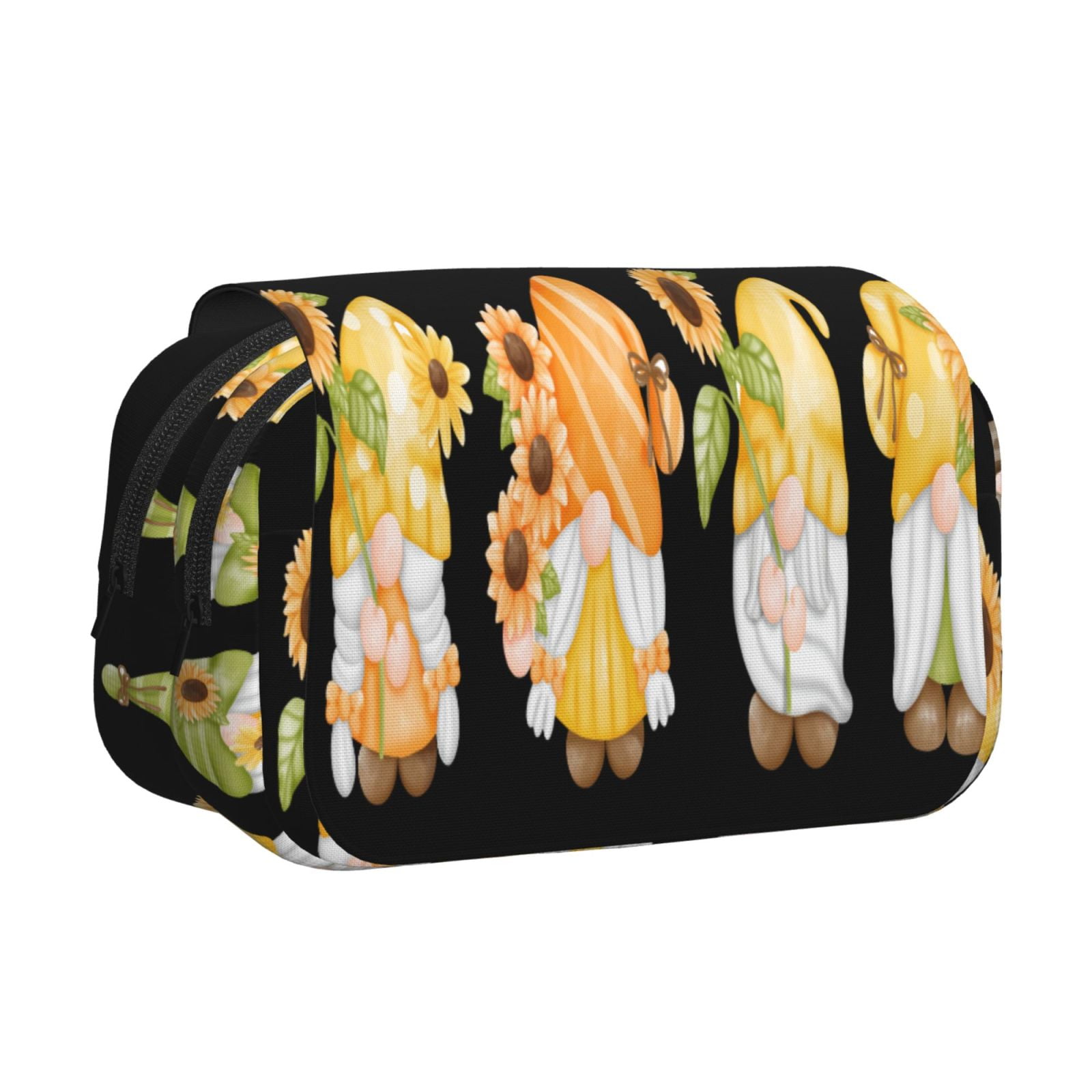Rateoe Hello Spring Sunflower Gnomes Pattern Double Clamshell Pen Case, Storage Organizer with Two Zipper Compartments– Holds Up to 50 Pencils & Pens
