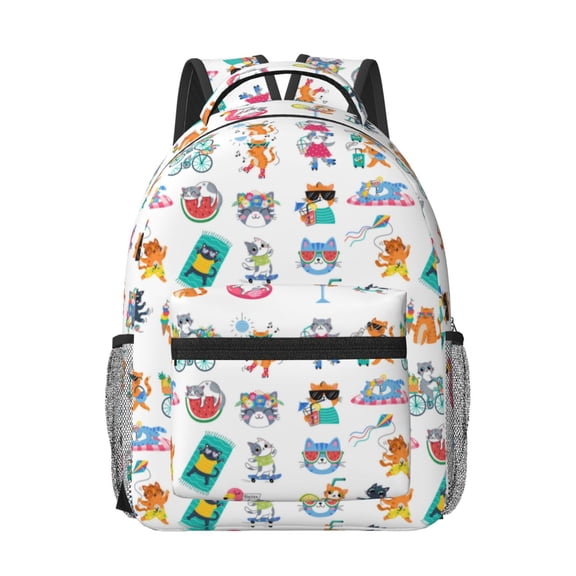 Rateoe Hello Summer Cat Pattern Durable Student Backpack Laptop Bag- Ergonomic Design, Waterproof Twill Fabric - Ideal for School, Travel, and Outdoor Activities