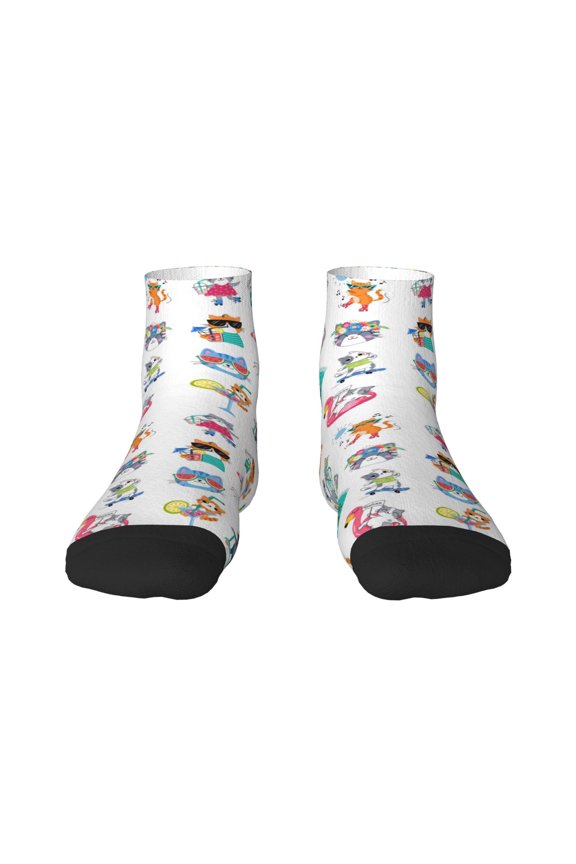 Hello Summer Cat Pattern Quarter Crew Socks,Toe Seamed Ankle Socks,Cotton Cushioned Breathable Athletic Crew Sports Socks