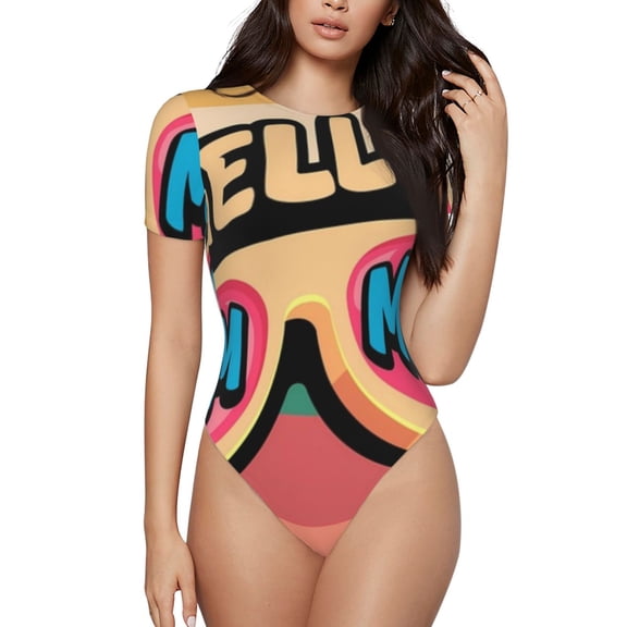 Rateoe Hello Summer Printed Women Rash Guard Short Sleeve,Tummy control Swimsuit Surfing Swimsuit Bathing Suit Short-sleeved Onesie UPF 50+ -Medium